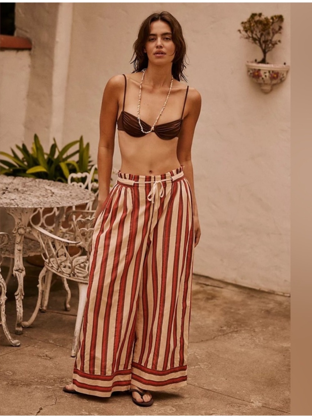 Free People Free-est Red and Cream Striped Wide-Leg Drawstring Pants